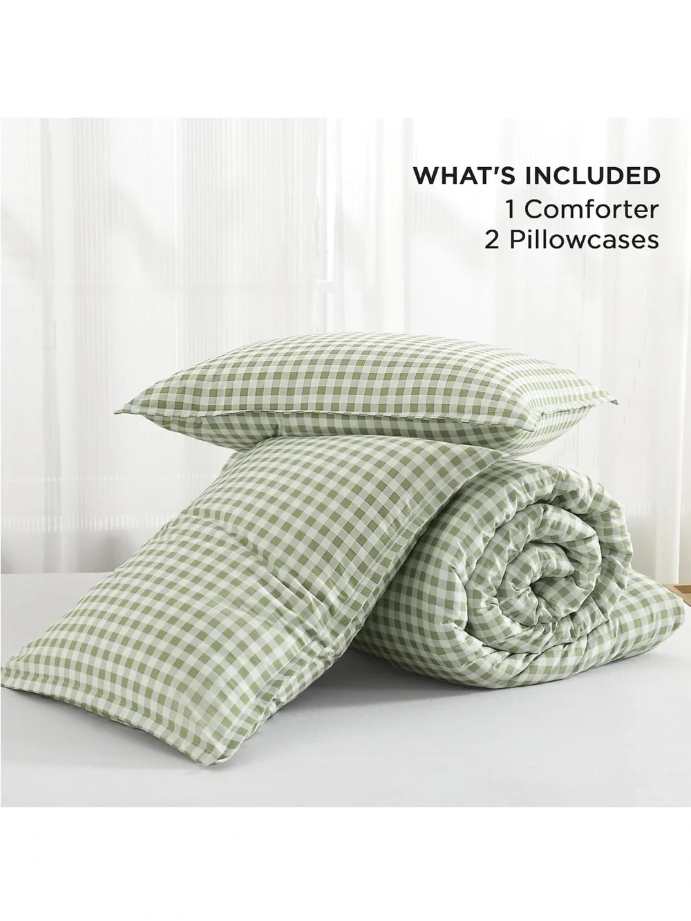 NEW Sage Gingham Comforter Set, Green Checkered, 3 Pieces. Full